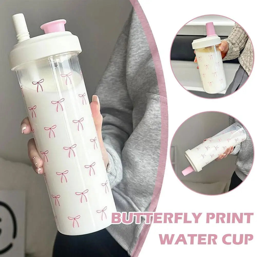 Cute Pink Bow Straw Water Bottle Fashionable Travel Safe Odorless Large-capacity Portable Water Bottle For Travel