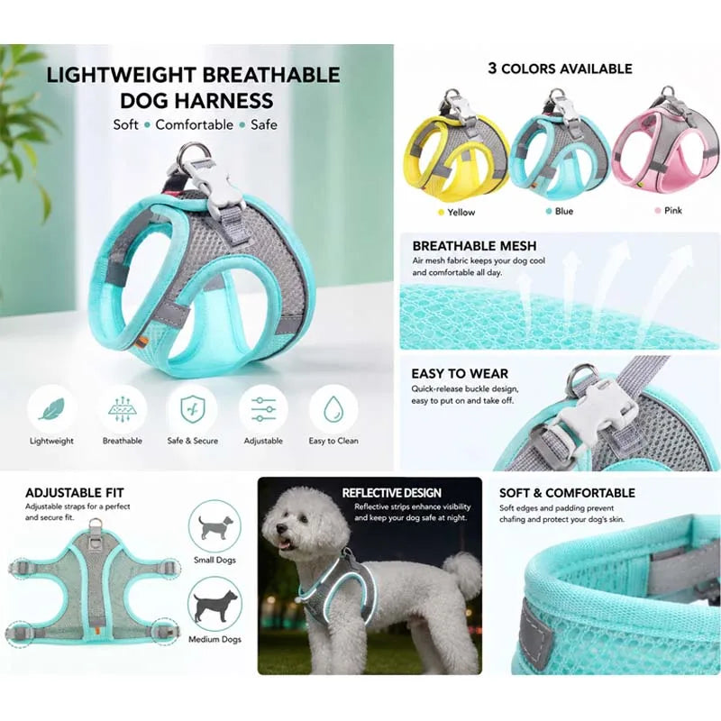 Adjustable Soft Mesh Pet Harness with Leash Escape-Proof Reflective Dog Walking Vest for Small and Medium Cats Puppies