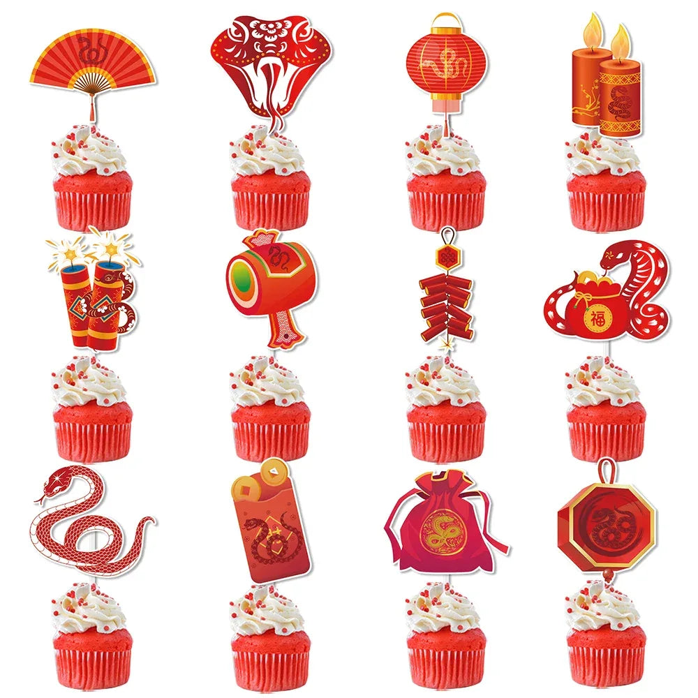12/24pcs Chinese New Year Cupcake Toppers Dessert Cake Decor 2025 Year of Snake Lunar Chinese Spring Festival Party Supplies