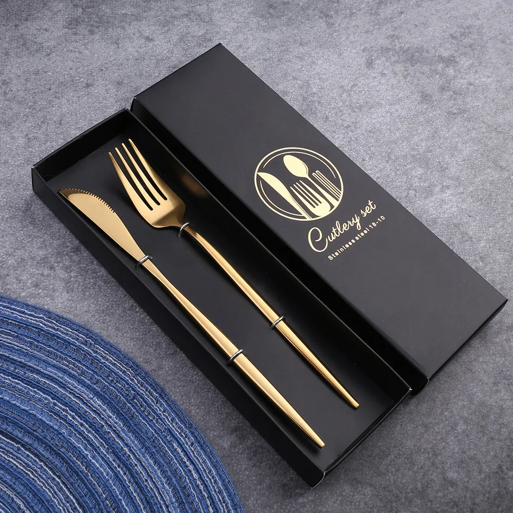 2PC/4PC Cutlery Set Stainless Steel Glossy Titanium Black Gold Cutlery Knife Fork Spoon Tea Spoon Set Kitchen Accessories