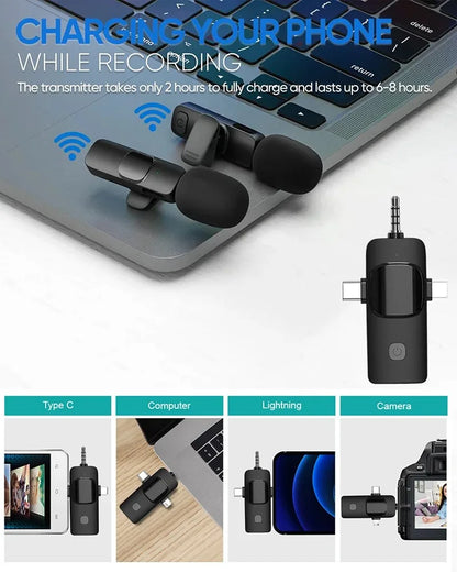 3in1 Wireless Microphone for iPhone Android Cameras Wireless Microphone for Interviews Vlog Noise Cancelling Lavalier Microphone