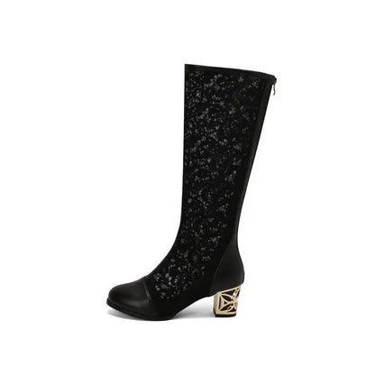 Spring and Autumn New Style Fashion square Heel Mesh Hollow Women's Boots Sweet Breathable knee high boots high 5.5cm size 34-47