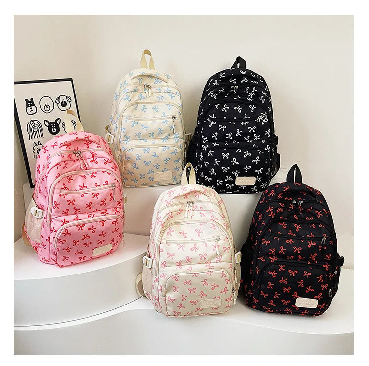 3 Pcs/Set Cute girl Large Capacity Backpack Bow Print Nylon Schoolbag Adjustable Strap Women daily Campus Backpack