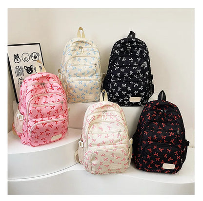 3 Pcs/Set Cute girl Large Capacity Backpack Bow Print Nylon Schoolbag Adjustable Strap Women daily Campus Backpack