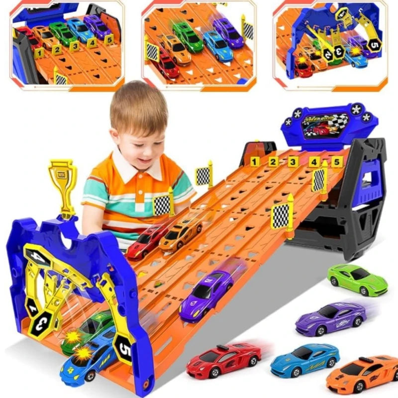 VATOS Upgraded 5 Tracks Truck Toy Cars for Boys Portable Race Track Truck Toy 5 Race Cars Carrier Vehicles Set for Kids Girls