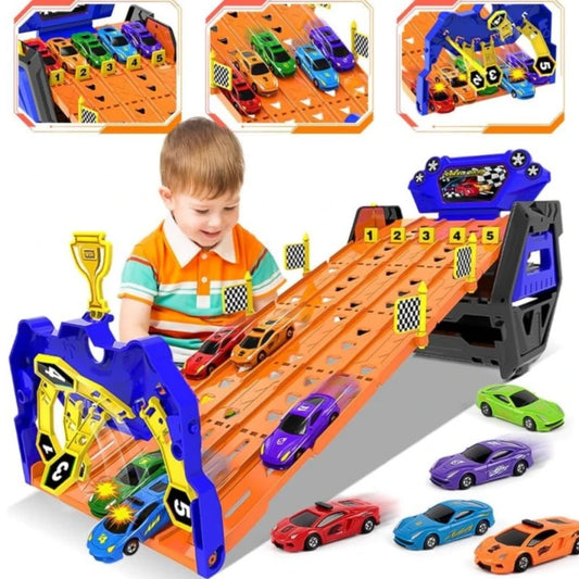 VATOS Upgraded 5 Tracks Truck Toy Cars for Boys Portable Race Track Truck Toy 5 Race Cars Carrier Vehicles Set for Kids Girls