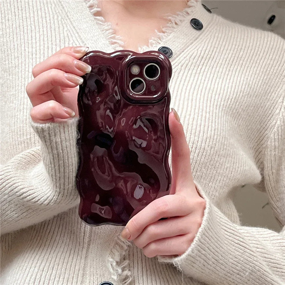Casing Wine Red Phone Case Compatible for IPhone 11 13 12 14 Pro Max Luxury Luxury glossy wave pattern Solid Color Phone Cover