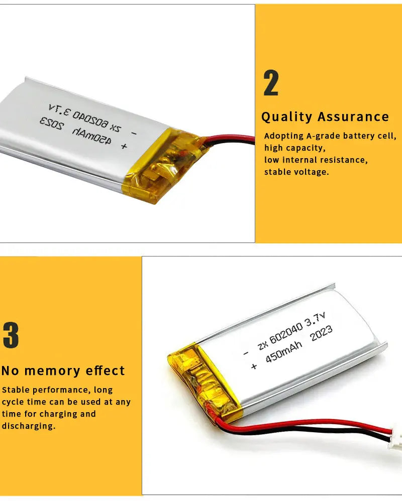 602040 Li Po Battery 3.7V Lithium Batteries 450mAh Lipo Rechargeable Cell for Smart Wearable Walkie Talkie GPS PSP Game Console