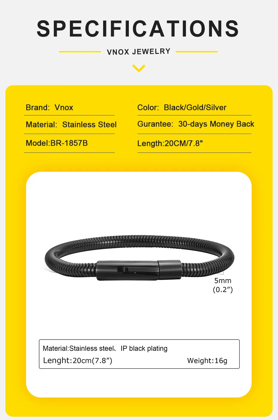 Vnox 5mm Round Snake Chain Bracelets for Men Women Black Silver Color Waterproof Cocoon Links Wristband Simple Cool Jewelry