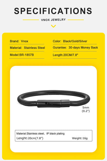 Vnox 5mm Round Snake Chain Bracelets for Men Women Black Silver Color Waterproof Cocoon Links Wristband Simple Cool Jewelry
