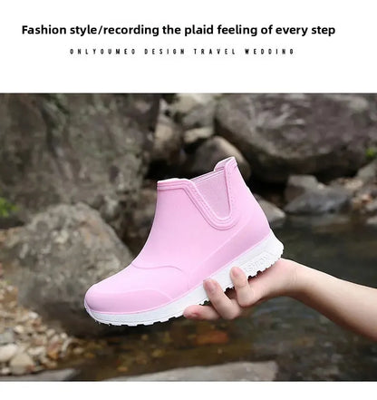 Fashionable Winter Short Ankle Women's Rain Boots Waterproof Slip Resistant Car Wash Shoes Adult Fleece Lined PVC Ladies Footwea