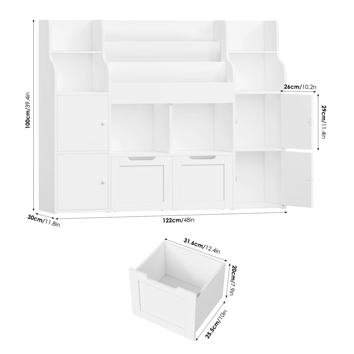 Getone Toy Storage , Childrens Bookcase,Unit 3-tier Kids Bookshelf, Kids Storage with 2 Drawers with Wheels, 4 Doors, 6 Open Shelves,multi-functional toy storage unit122x30x100cm