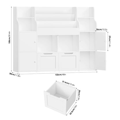 Getone Toy Storage , Childrens Bookcase,Unit 3-tier Kids Bookshelf, Kids Storage with 2 Drawers with Wheels, 4 Doors, 6 Open Shelves,multi-functional toy storage unit122x30x100cm