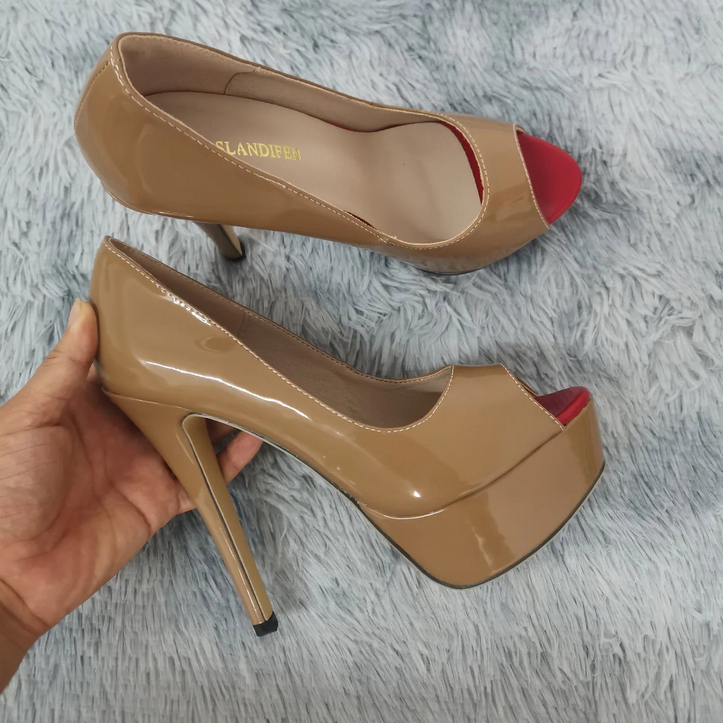 LOSLANDIFEN Sexy Peep Toe Platform Women Pumps 14cm Super High Patent Leather Heels Shoes Red Wedding Stilettos Large Size 43 44