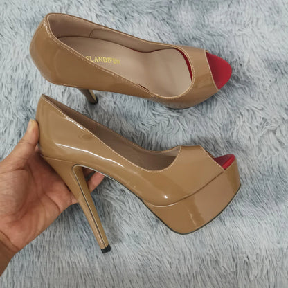 LOSLANDIFEN Sexy Peep Toe Platform Women Pumps 14cm Super High Patent Leather Heels Shoes Red Wedding Stilettos Large Size 43 44