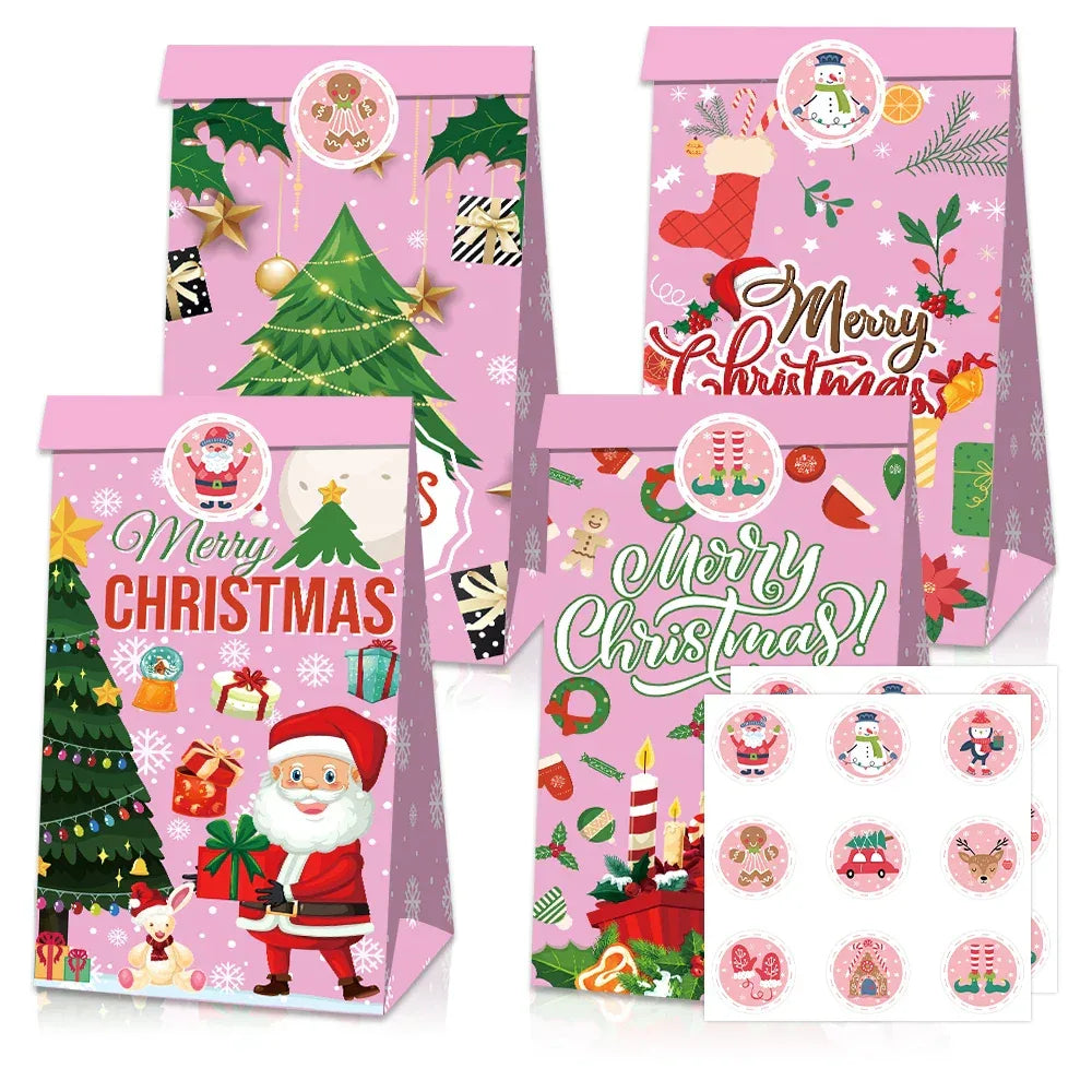 12pcs Pink Christmas Gift Bag Box Fairy Snow Scene Print Cookie Candy Bags Christmas Eve Candy Box Navidad Natal Noel Kids Gift