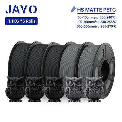 JAYO PETG 3D Filament 1.75MM High Speed PETG 3D Printer Filament 5Rolls High Flow Speedy Matte Effect 3D Printing Mateials