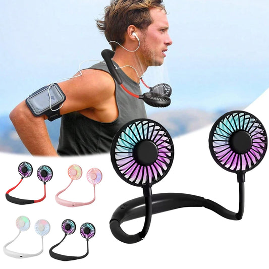 USB Rechargeable Mini Sports 3-Speed Adjustable Neck Dual Fan Home OfficeOutdoor Travel Portable Hanging Neck Fan by PDG ibma
