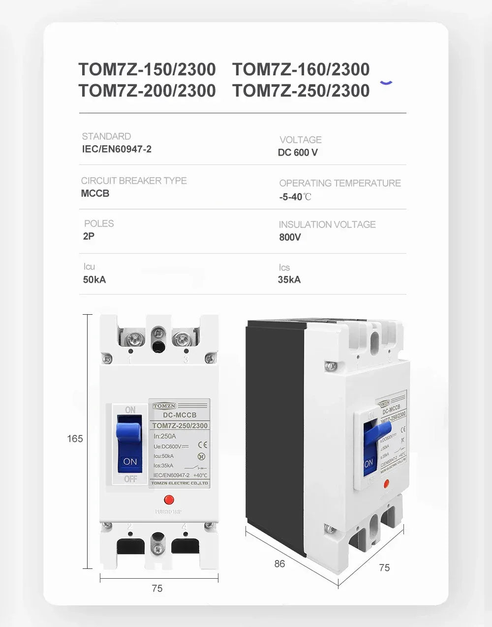 TOMZN 2P DC MCCB 600V Solar Molded Case Circuit Breaker Overload Protection Switch Protector for Solar Photovoltaic PV