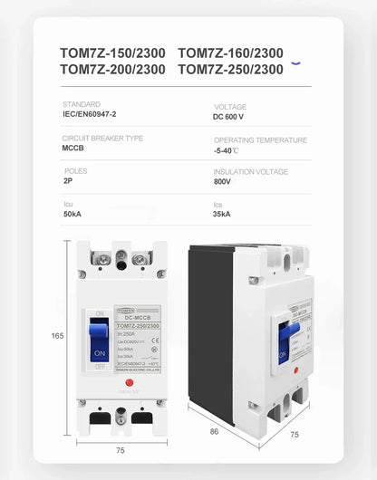TOMZN 2P DC MCCB 600V Solar Molded Case Circuit Breaker Overload Protection Switch Protector for Solar Photovoltaic PV