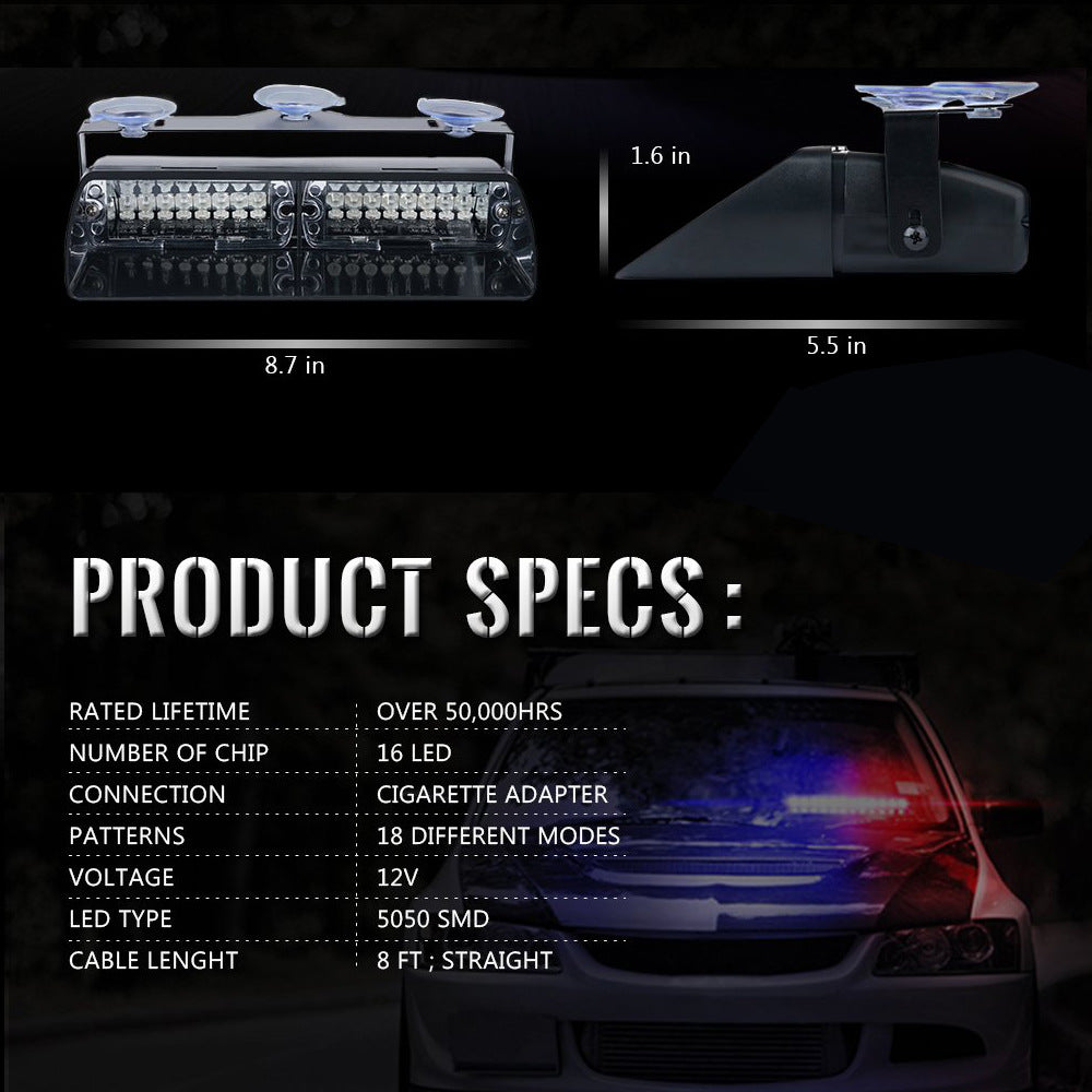 16W Car Windshield LED Strobe Light 12V Waterproof Police Lights Warning Light Flash Dash Emergency Signal Lamps