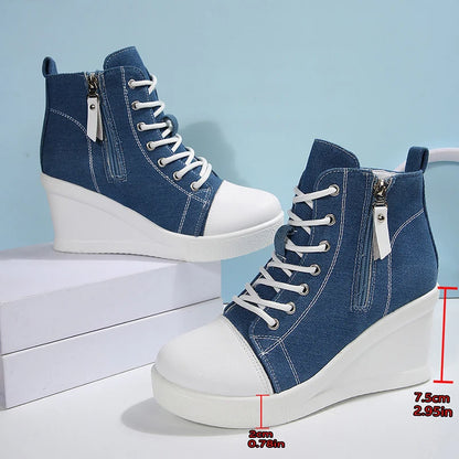 Women's Platform Wedge Heel High Top Sneakers Blue Denim Casual Canvas Shoes Woman Fashion Thick Sole Lace Up Vulcanized Shoes