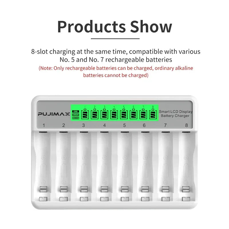 PUJIMAX 8-Slots LCD Display Fast Smart Battery Charger Type-C Charging For 1.2V Ni-MH Ni-CD AA AAA  Rechargeable Battery Charger