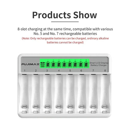PUJIMAX 8-Slots LCD Display Fast Smart Battery Charger Type-C Charging For 1.2V Ni-MH Ni-CD AA AAA  Rechargeable Battery Charger