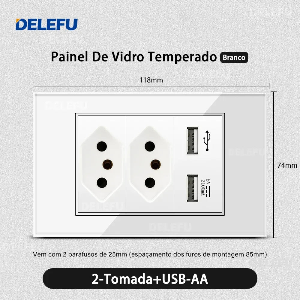 DELEFU 4*2 White Tempered Glass Brazil Standard Outlet with Double USB Type C Wall Power Socket Smart Switch Tuya Wifi 10A 20A