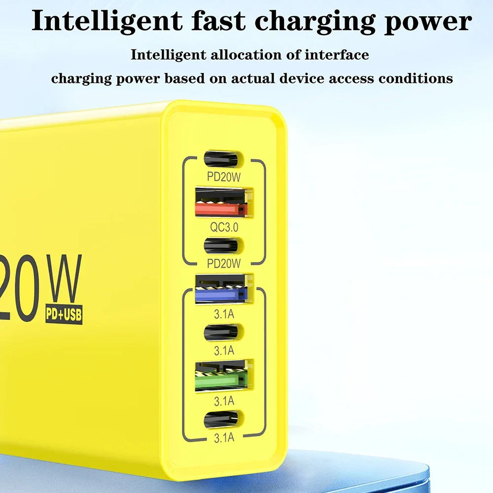 PD 120W USB Type C Fast Charging Mobile Phone Charger 7 Ports EU/US Plug Charger For iPhone Huawei Xiaomi Samsung Wall Charger