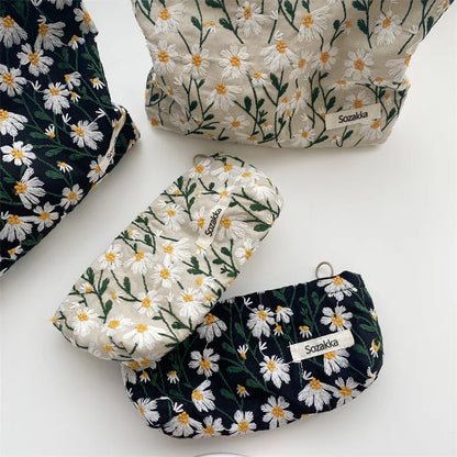 Cosmetic Bag Women Floral Makeup Case Organizer Korean Embroidery Cosmetic Pouch Travel Toiletry Bag Corduroy Canvas Beauty Case