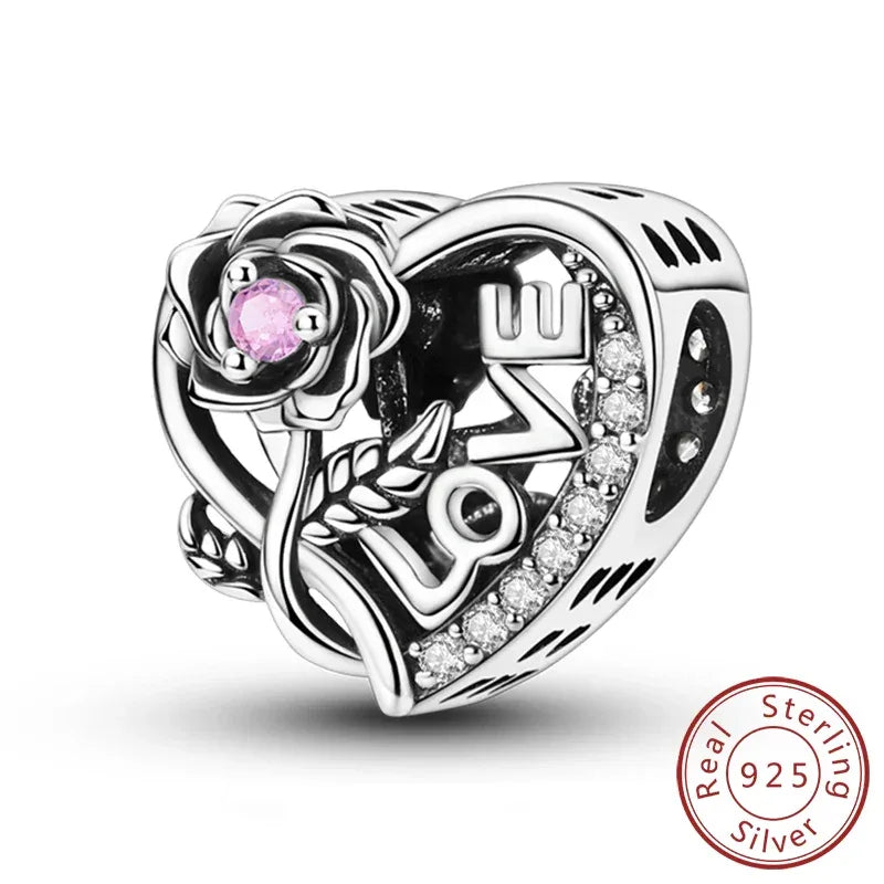 925 Silver Valentine's Day Charms Bead Sparkling Sweet Heart Rose Bear Charm Fit Original Bracelet Bangle Woman DIY Jewelry Gift