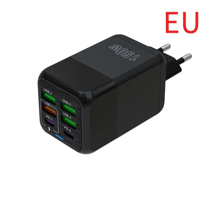 150W Multi Port USB Charger 6 Ports Fast Charge Phone Charger Wall Adapter For iPhone Samsung Xiaomi EU/US/UK Plug Quick Charger