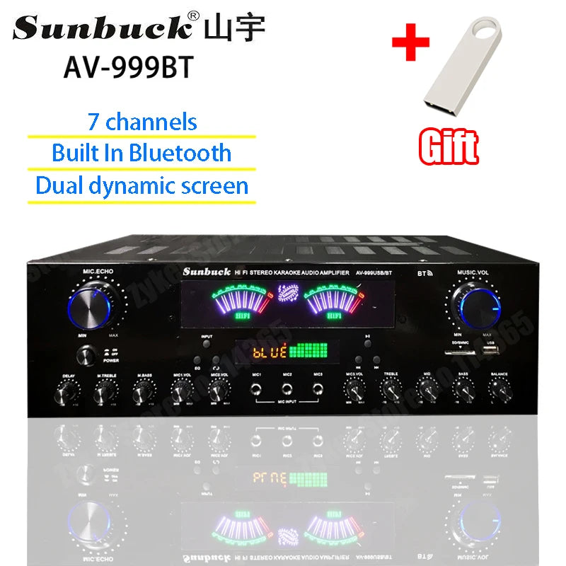 AV-555BT/999BT Max 4000W Bluetooth Sound Amplifiers Dual Dynamic Screen HiFi Digital Stereo Amplify For Home Car Theatre Karaoke