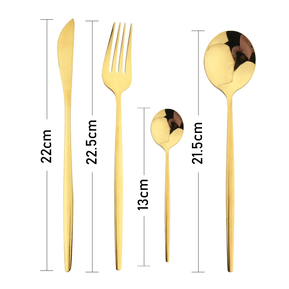 24Pcs Stainless Steel Cutlery Set Black Handle Golden Dinnerware Knife Fork Spoon Kitchen Tableware Gift Set