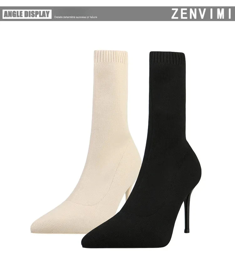 Comemore Knitting Stretch High Heels for Women Fashion Shoe 2025 Spring Autumn Ankle Boot Female Sexy Sock Boots Plus Size 34 42