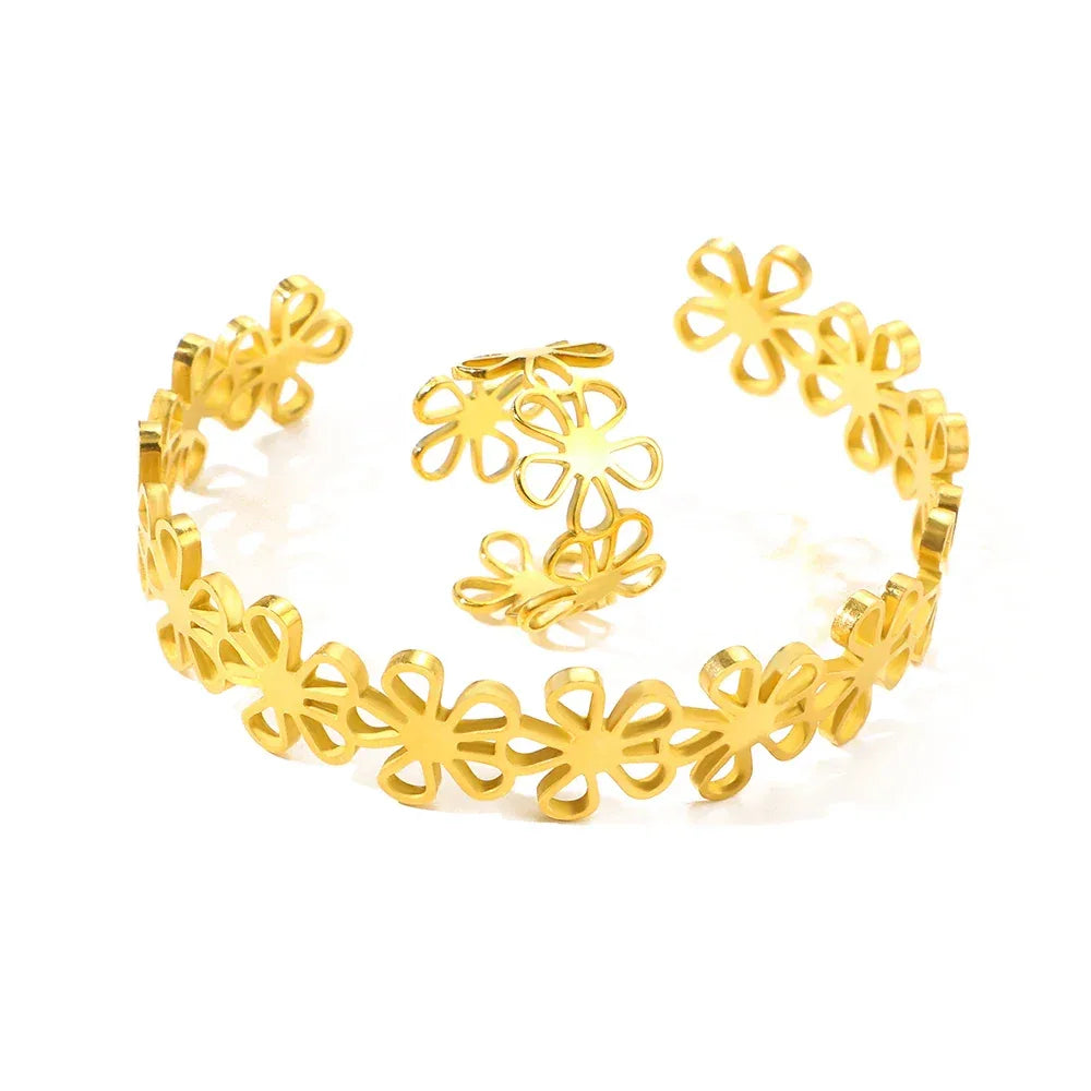 Stainless Steel Bracelet Rings Set Hollow Flowers Unusual Retro Bracelet Ring For Women Jewelry Non-fading High-quality Gift New