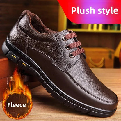 Autumn Men's Leather Shoes True Cowhide Flat Bottom Anti-Slip Plus Size Casual Elderly Father Shoes Rubber Sole China Made