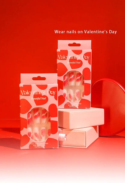 Romantic Red Lips Valentine's Day Wearable Fake Nails Frosted White Detachable Finished False Nails Press on Nails with Glue
