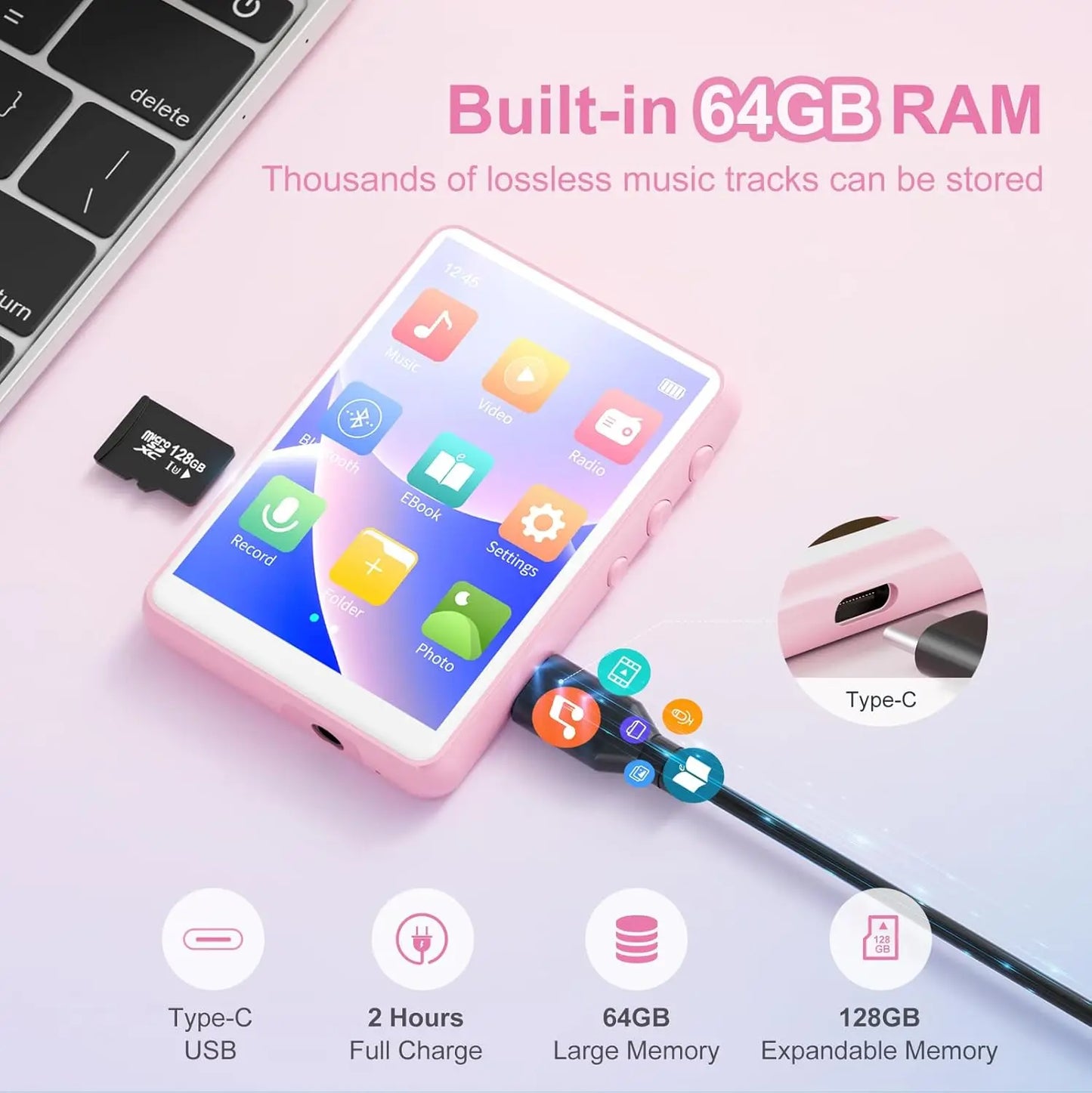 MECHEN 64GB MP3 Player Bluetooth 5.3 with 2.4" Full Touch Screen，Portable Digital Music Player with Speaker，FM Radio, Line Recor