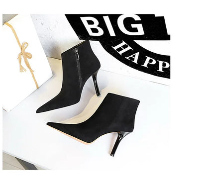 BIGTREE Shoes Suede Ankle Boots For Women Heels Winter Boots Pointed Stilettos High-heeled Boots Side Zipper Black Short Boots