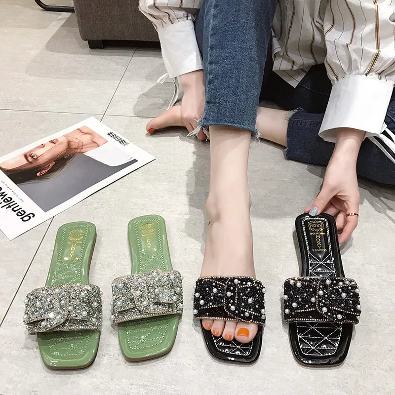 Women's Flat Head Butterfly Knot Slippers Summer New Fashion Outdoor Korean Fairy Style Sandals Polyurethane Rubber Sole