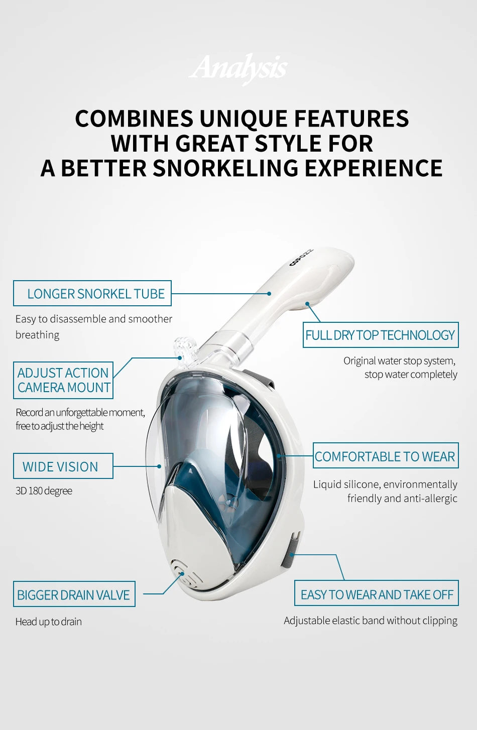 COPOZZ Scuba Underwater Hunting Diving Mask Anti Fog Snorkel Mask Breathing for Gopro Camera Men Women Full Face Mask Adult