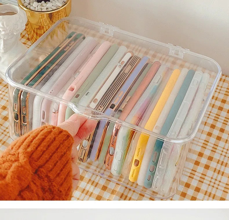 Ins Transparent Phone Case Organizer Storage Box with Cover Home Desktop Acrylic Sundries Storage Basket Phone Case Holder