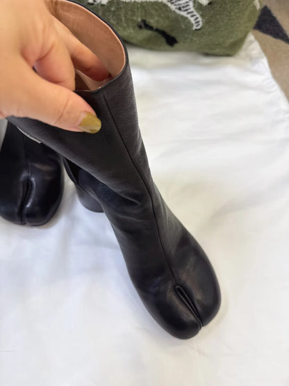 Leather Split Toe Tabi Boots For Women Chunky High Heels Women Shoes Ankle Boots Black Fashion Brand Designer Botas Mujer