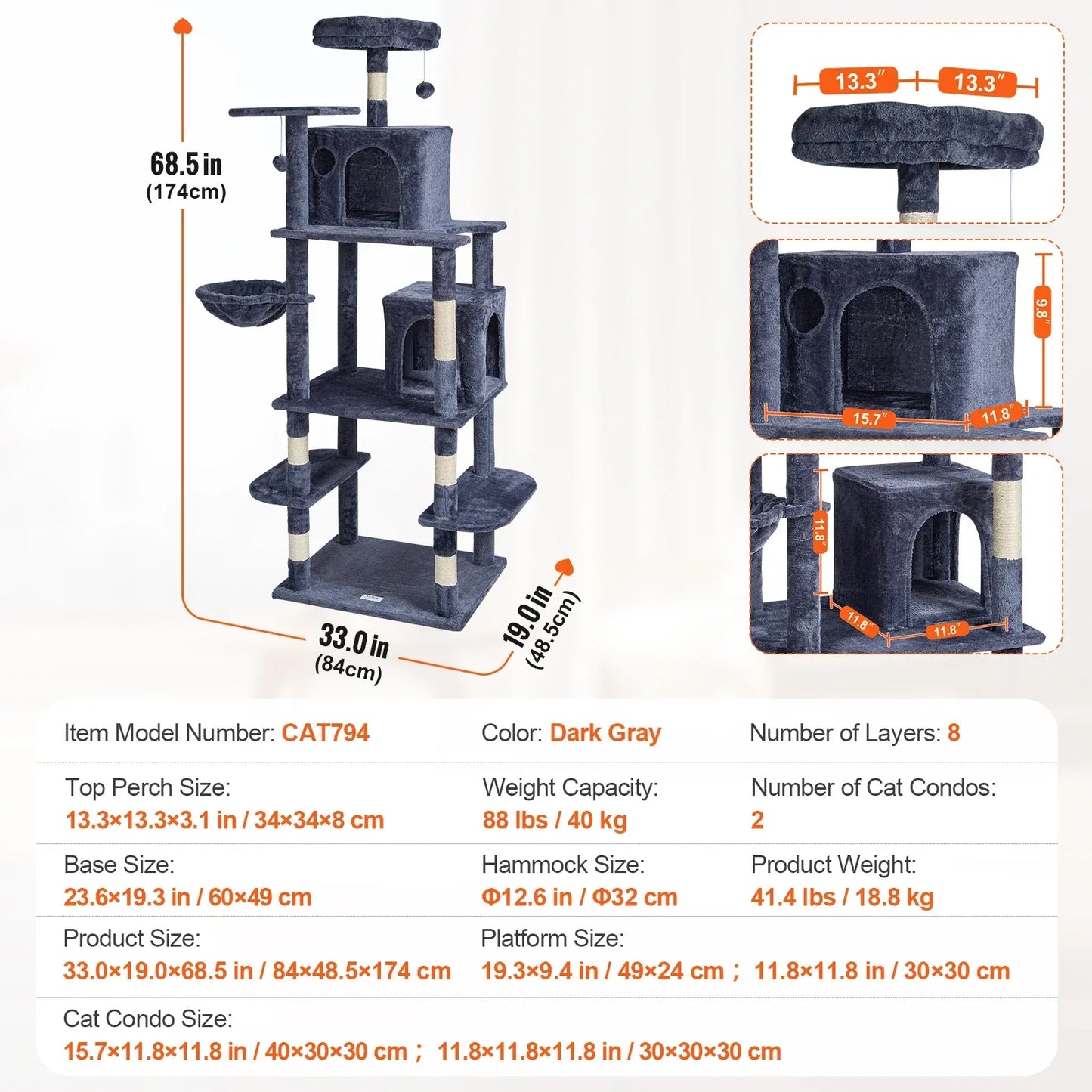SucceBuy Cat Tree for Indoor Cats 45.2"  Tower with Cat Condo Sisal Scratching Post HammockTop Perch Jumping Platforms Dark Grey