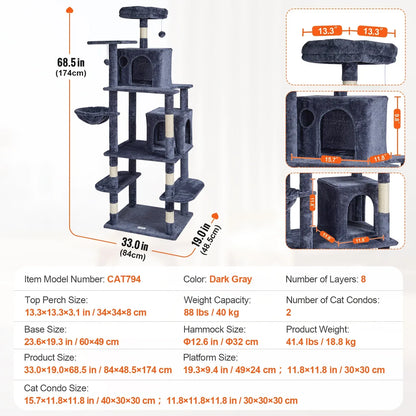 SucceBuy Cat Tree for Indoor Cats 45.2"  Tower with Cat Condo Sisal Scratching Post HammockTop Perch Jumping Platforms Dark Grey