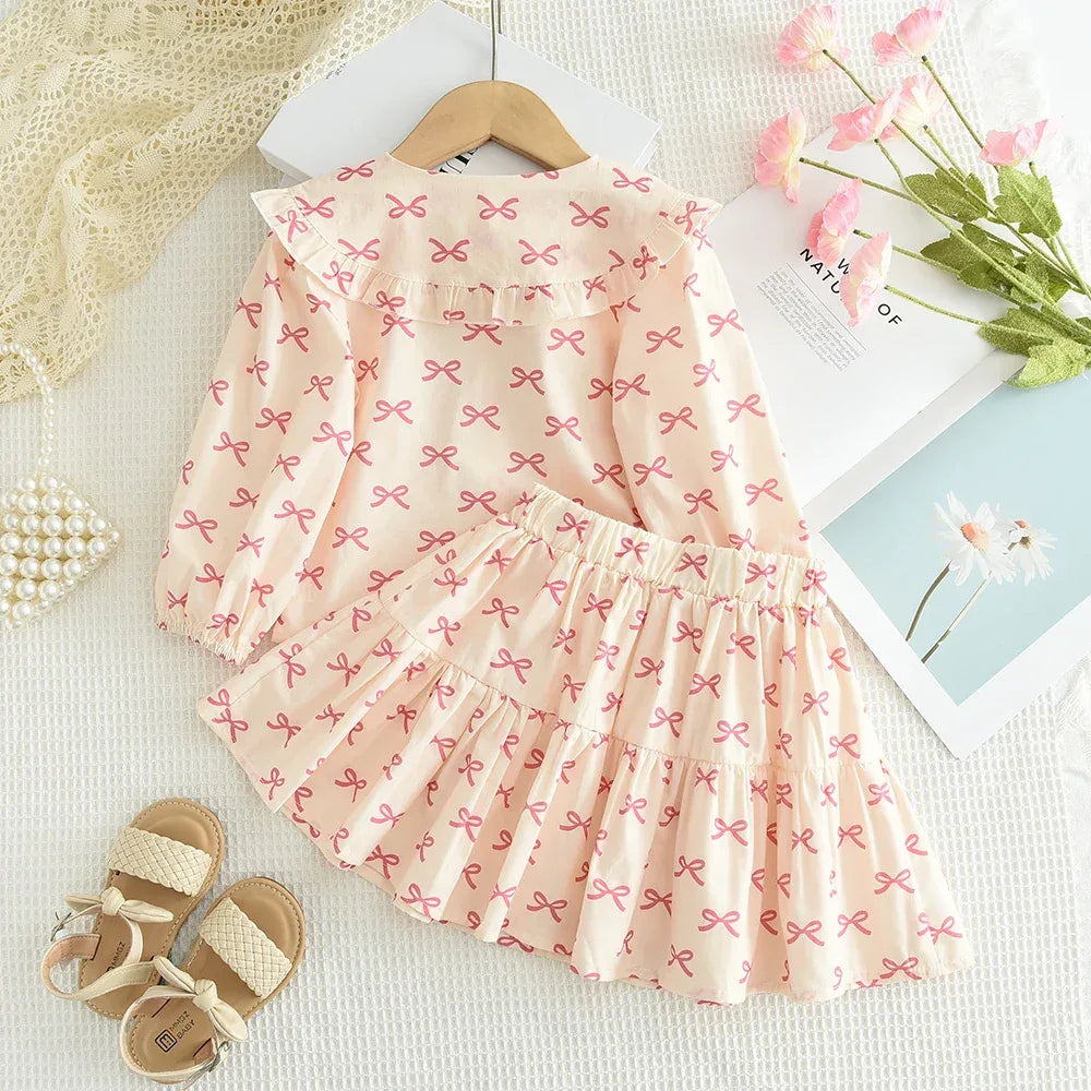 Bear Leader Girls Clothing Autumn Doll Collar Shirt and Cute Bow Print Skirt Sets Clothes Children's Sweet Costumes 100%Cotton