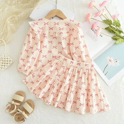 Bear Leader Girls Clothing Autumn Doll Collar Shirt and Cute Bow Print Skirt Sets Clothes Children's Sweet Costumes 100%Cotton