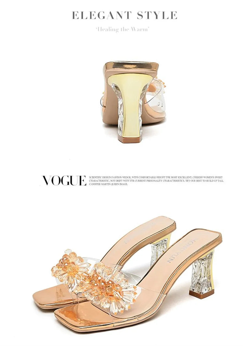2023 Summer Square Head Open Toe Fashion Transparent Soft Flower Women's Slippers Crystal Heel New High Heel Sandals